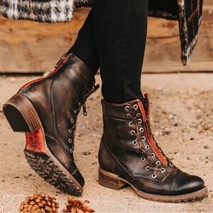 Freebird Women's Black Distressed Leather Lace-Up Ankle Boots with Red Trim